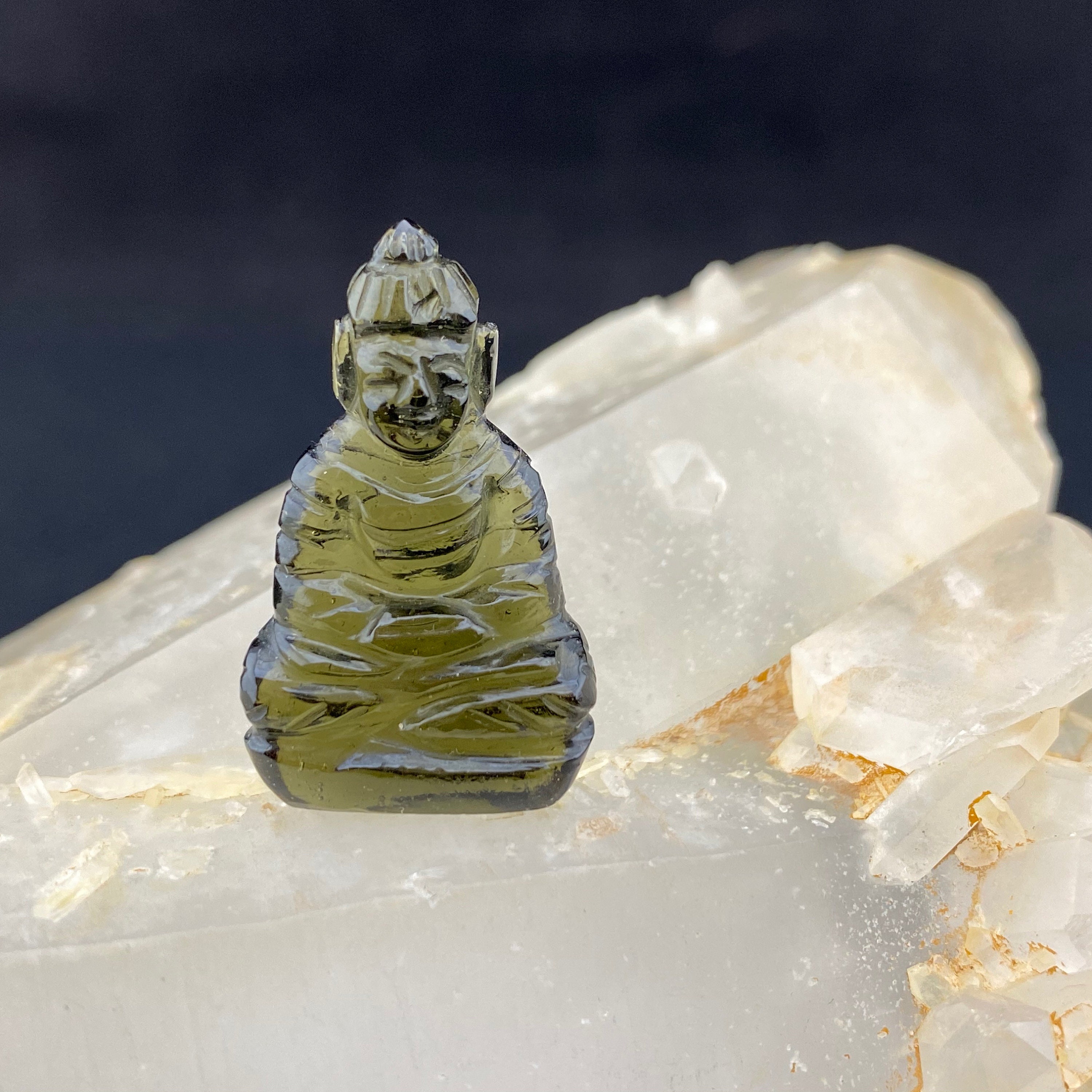 Buddha Meditating: Hand Carved Moldavite Totem / Talisman / Amulet / Figurine With Certificate Of Authenticity (t30)