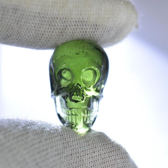 Genuine Moldavite Skull Carving, Healing Gemstone, Czech Republic Genuine Moldavite Skull Carving, Healing Gemstone, Czech Republic