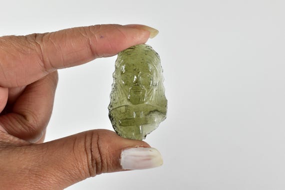 Hand-carved Authentic Moldavite Carving, Collector's Piece (27.38ct, 37.5x23mm)