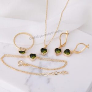 Moldavite Heart Jewelry Set, 925 Sterling Silver, Dainty Minimalist Style
