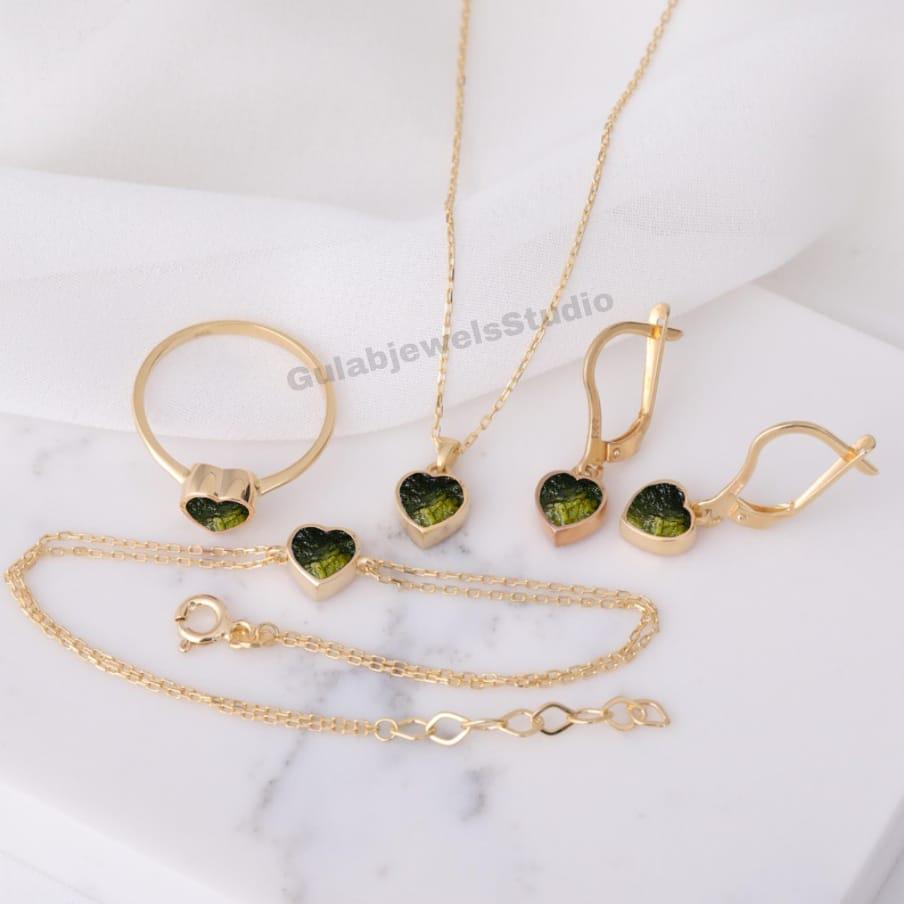 Moldavite Heart Jewelry Set, 925 Sterling Silver, Dainty Minimalist Style