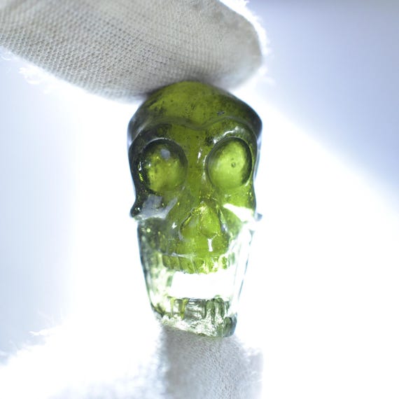 Natural Moldavite Crystal Skull Carving, Healing Gemstone