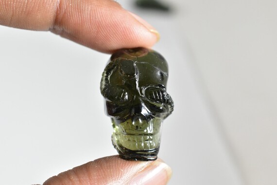 Moldavite Skull Carving, Genuine Czech Serpent Tektite, Healing Stone Moldavite Skull Carving, Genuine Czech Serpent Tektite, Healing Stone