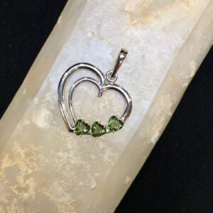 Three Heart Blessings! Three 5mm Genuine Faceted Moldavites Hearts On A Sterling Silver Rhodium Plated Heart