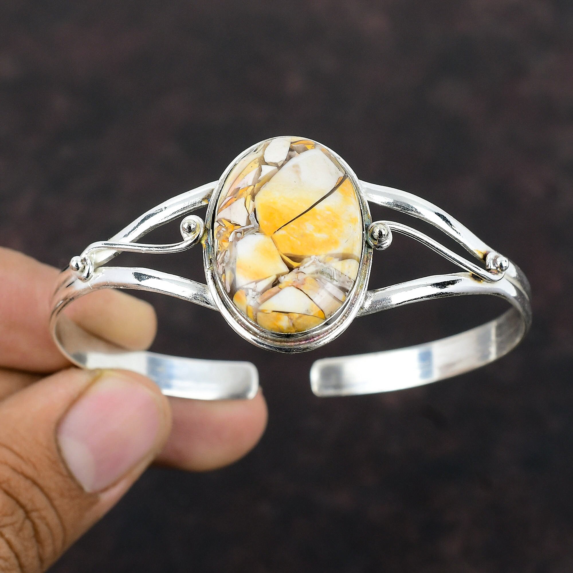 Brecciated Mookaite Cuff Bracelet: Handmade 925 Sterling Silver Adjustable Bangle