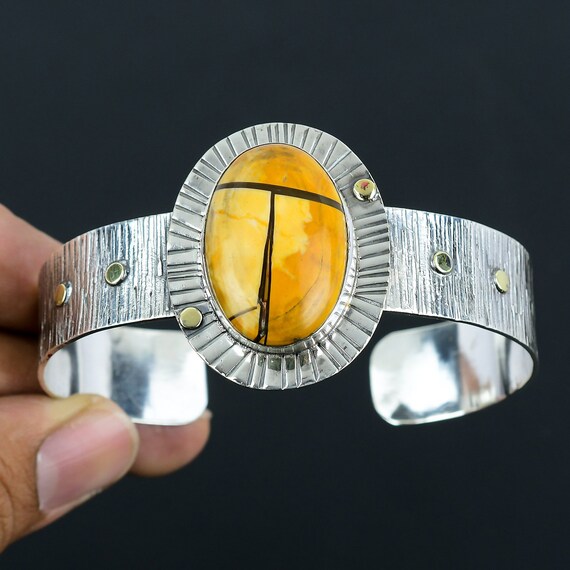Handmade Brecciated Mookaite Cuff Bracelet: Adjustable Sterling Silver Bangle
