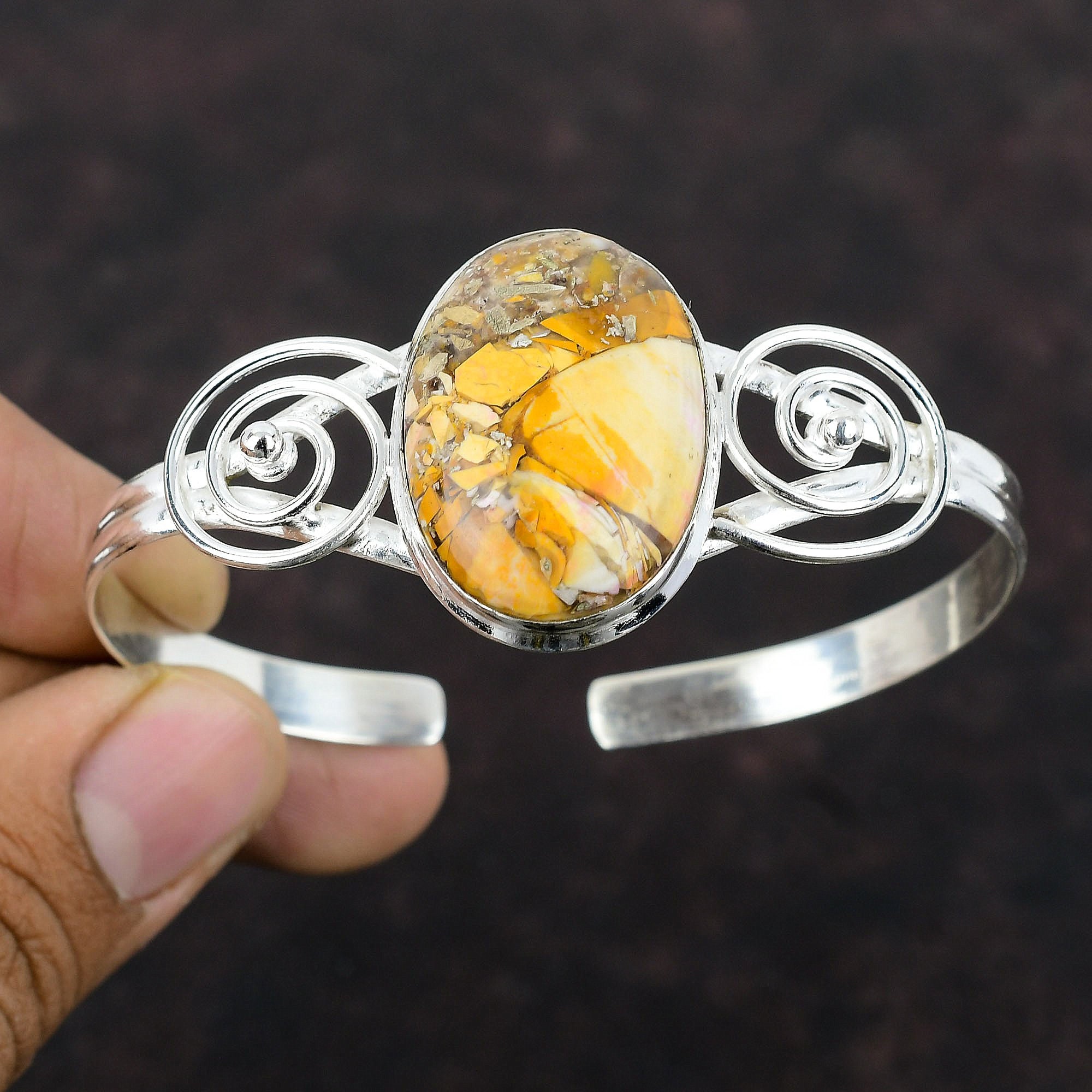 Handmade Brecciated Mookaite Bangle: Adjustable 925 Sterling Silver Cuff