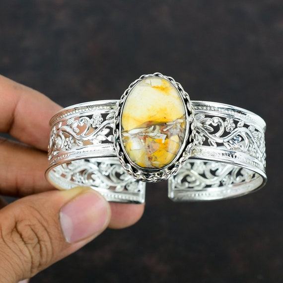Handmade Brecciated Mookaite Gemstone Cuff: Antique Sterling Silver Bangle