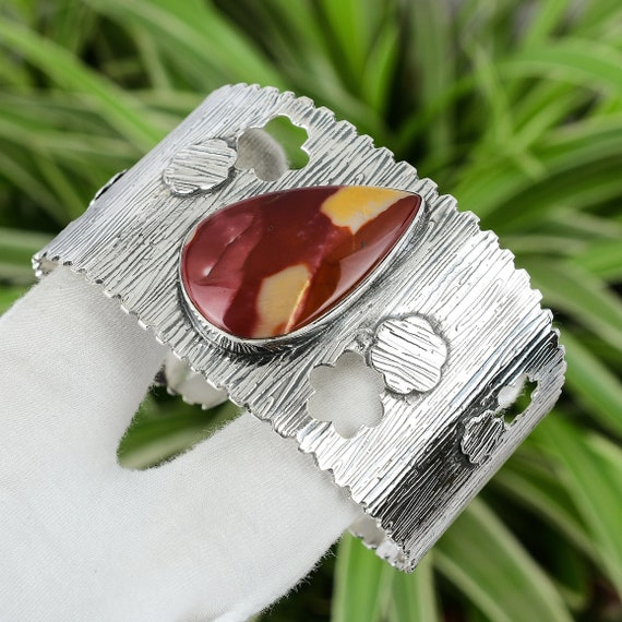 Handmade Mookaite Cuff Bracelet: 925 Sterling Silver Adjustable Bangle