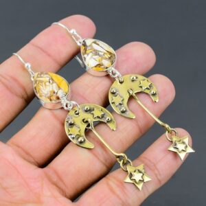 Brecciated Mookaite Star Moon Earrings, 925 Sterling Silver Dangle