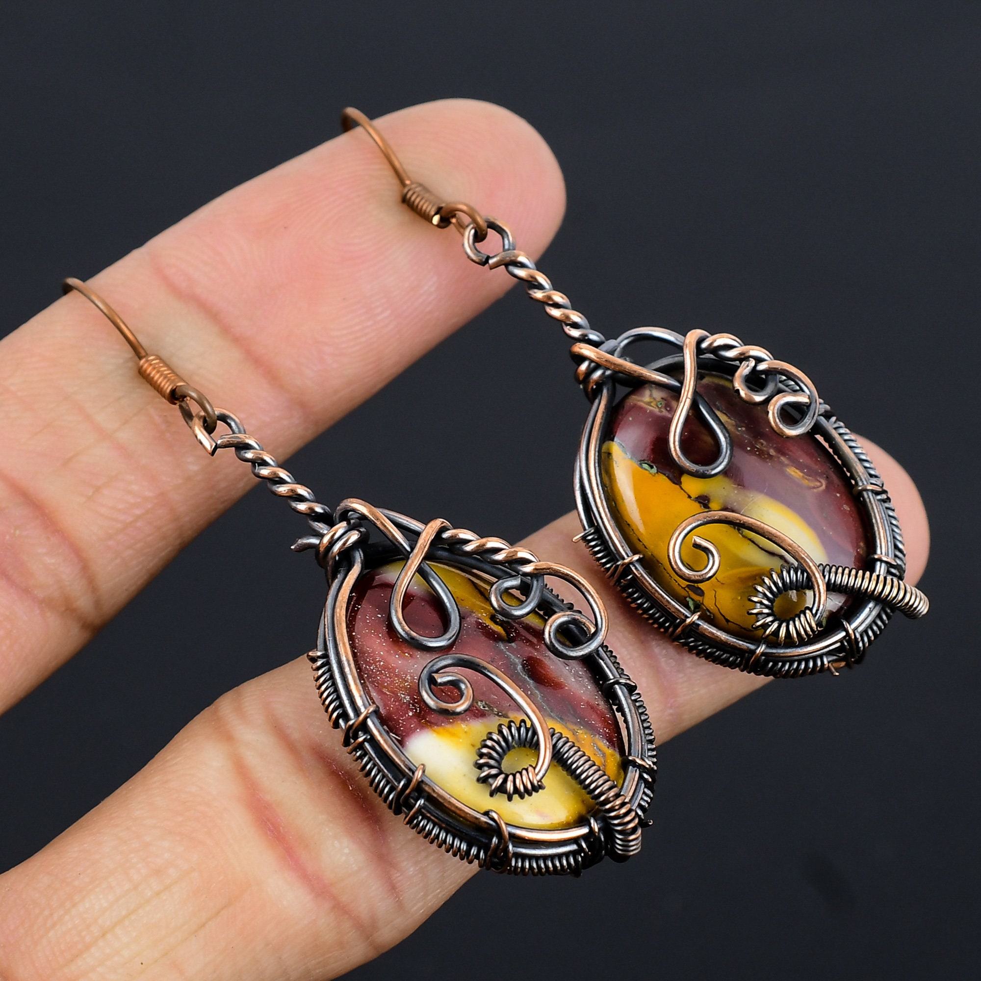 Mookaite Earrings Copper Wire Wrapped Earrings Mookaite Gemstone Earrings Copper Jewelry Dangle Earrings Women Gifts For Her, Gifts For Wife