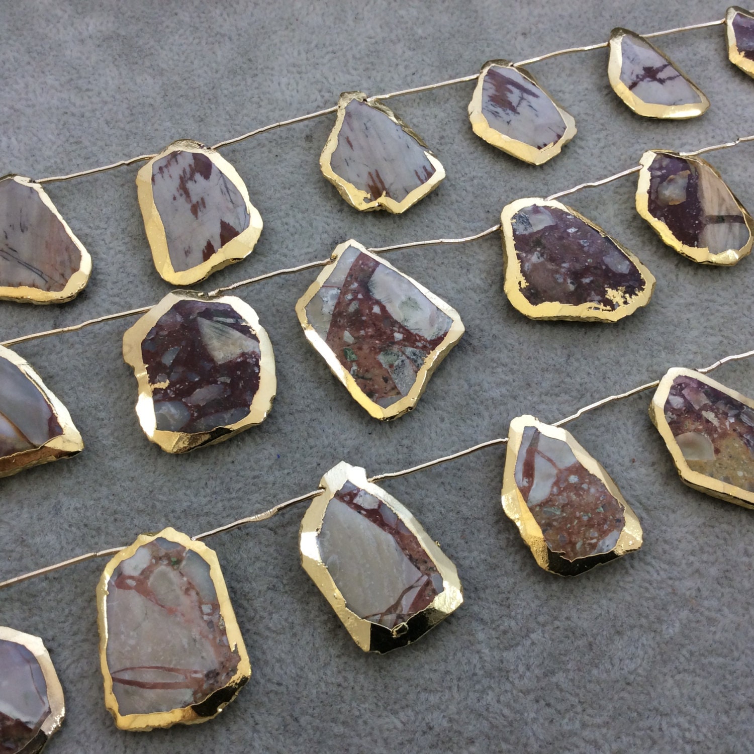 Brecciated Mookaite Jasper Slab Beads - Faceted With Gold Electroplated Edge