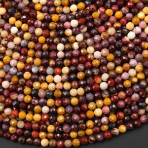 Faceted Natural Australian Mookaite Jasper Beads 4mm Round Sunset Colors Red Yellow Maroon 15" Strand