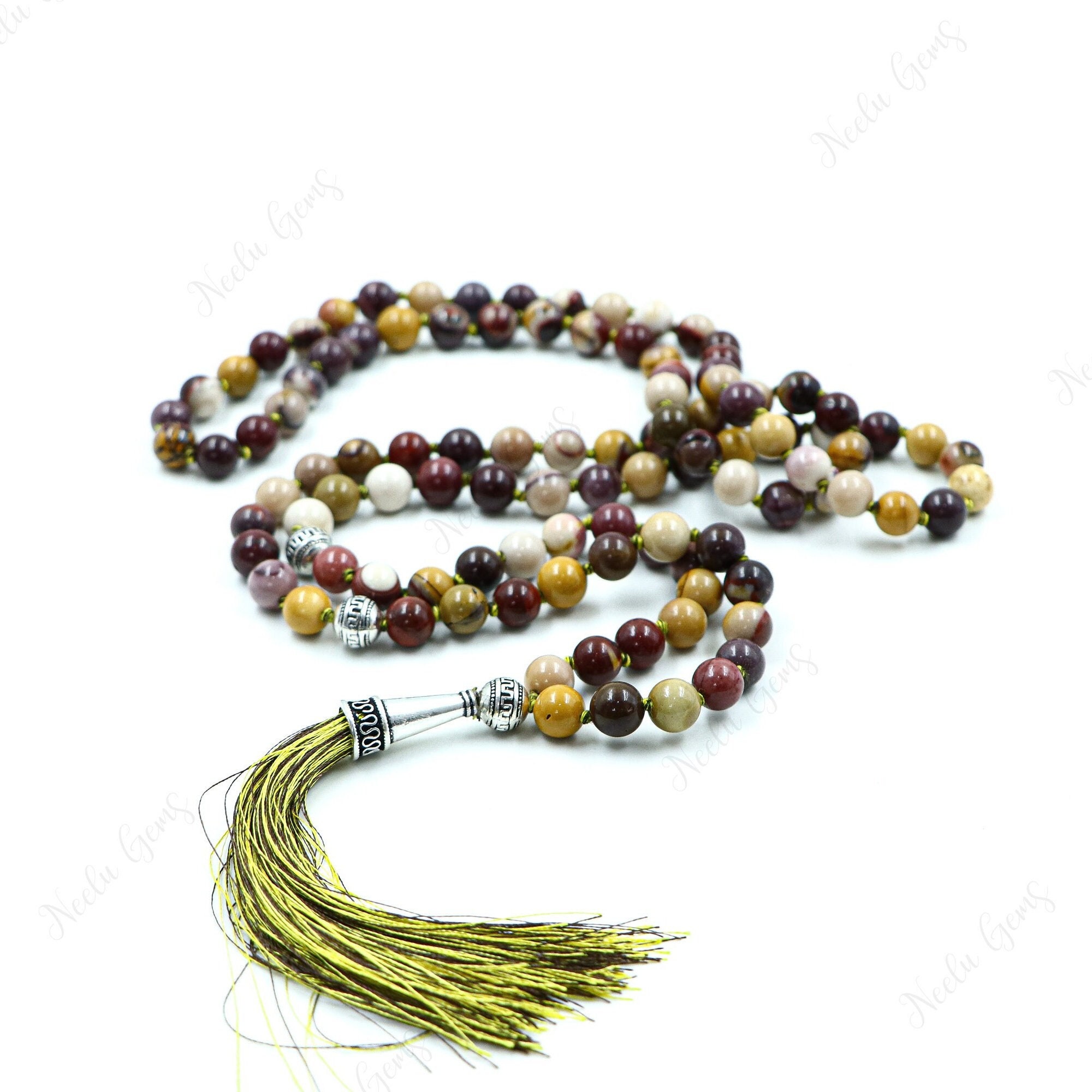 Mookaite Jasper Mala Necklace 108 Beads Hand Knotted, Australian Jasper Tassel Necklace, Grounding & Vitality, Yoga Meditation Prayer Beads