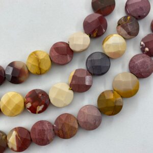 12mm Faceted Puff Coin Mookaite Gemstone Beads. 15” Strand Of High Quality Coin Beads, Roughly 32 Beads Per Strand. Mooka Jasper