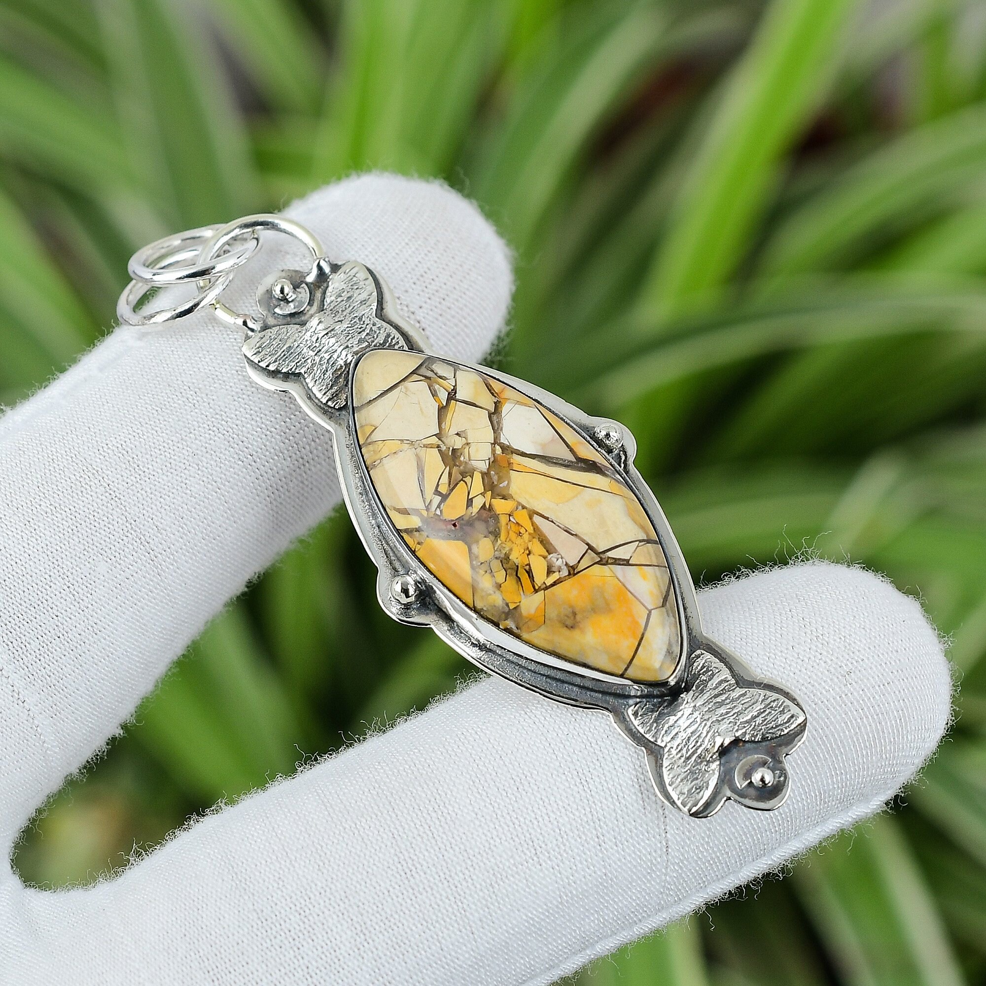Handmade Brecciated Mookaite Pendant: 925 Sterling Silver Marquise Gemstone Handmade Brecciated Mookaite Pendant: 925 Sterling Silver Marquise Gemstone