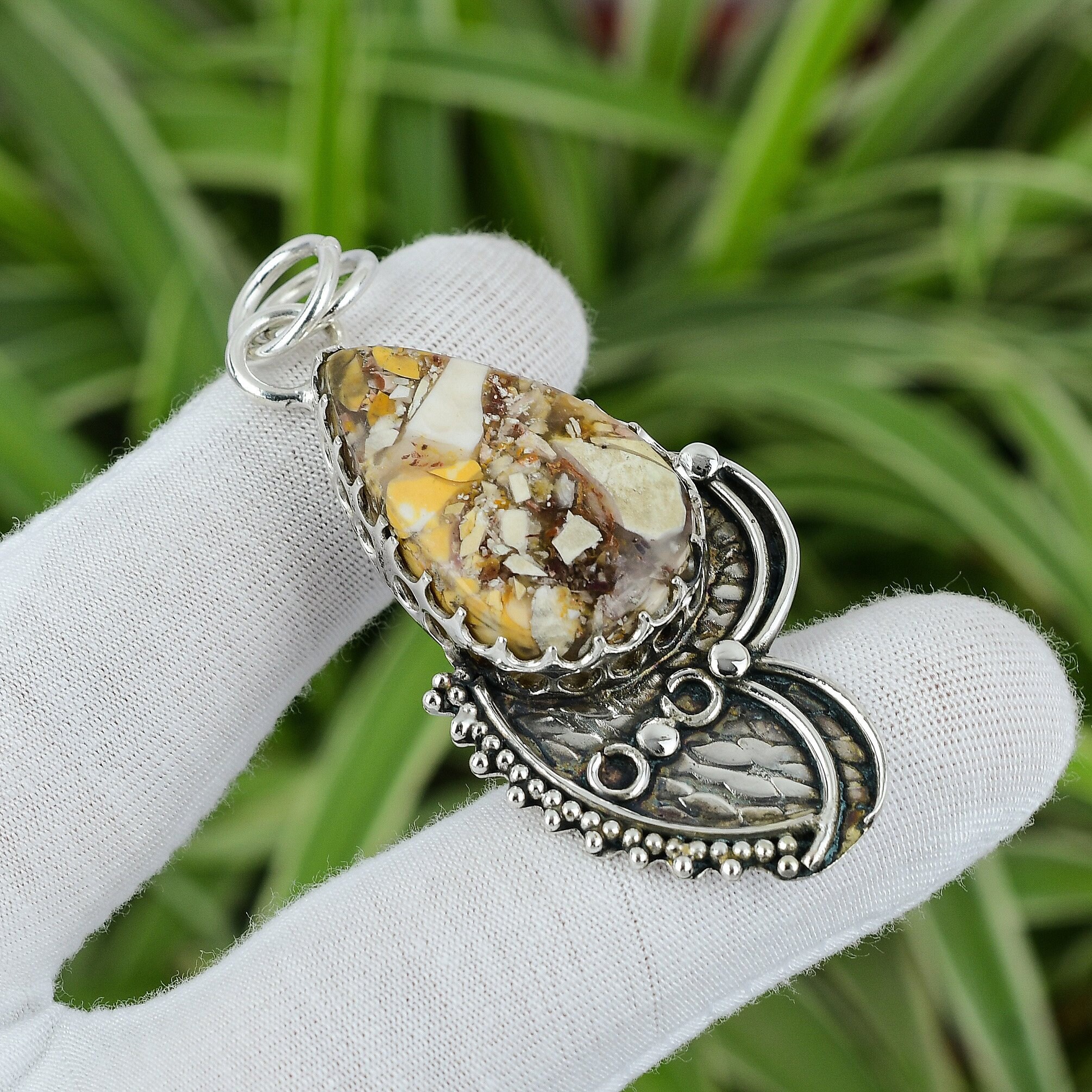 Handmade Brecciated Mookaite 925 Sterling Silver Pear Pendant