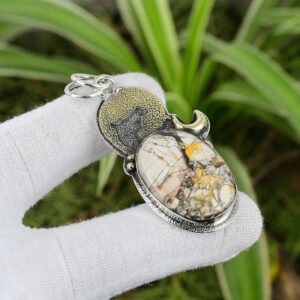 Handmade Brecciated Mookaite Pendant: 925 Sterling Silver, 18K Gold Plated
