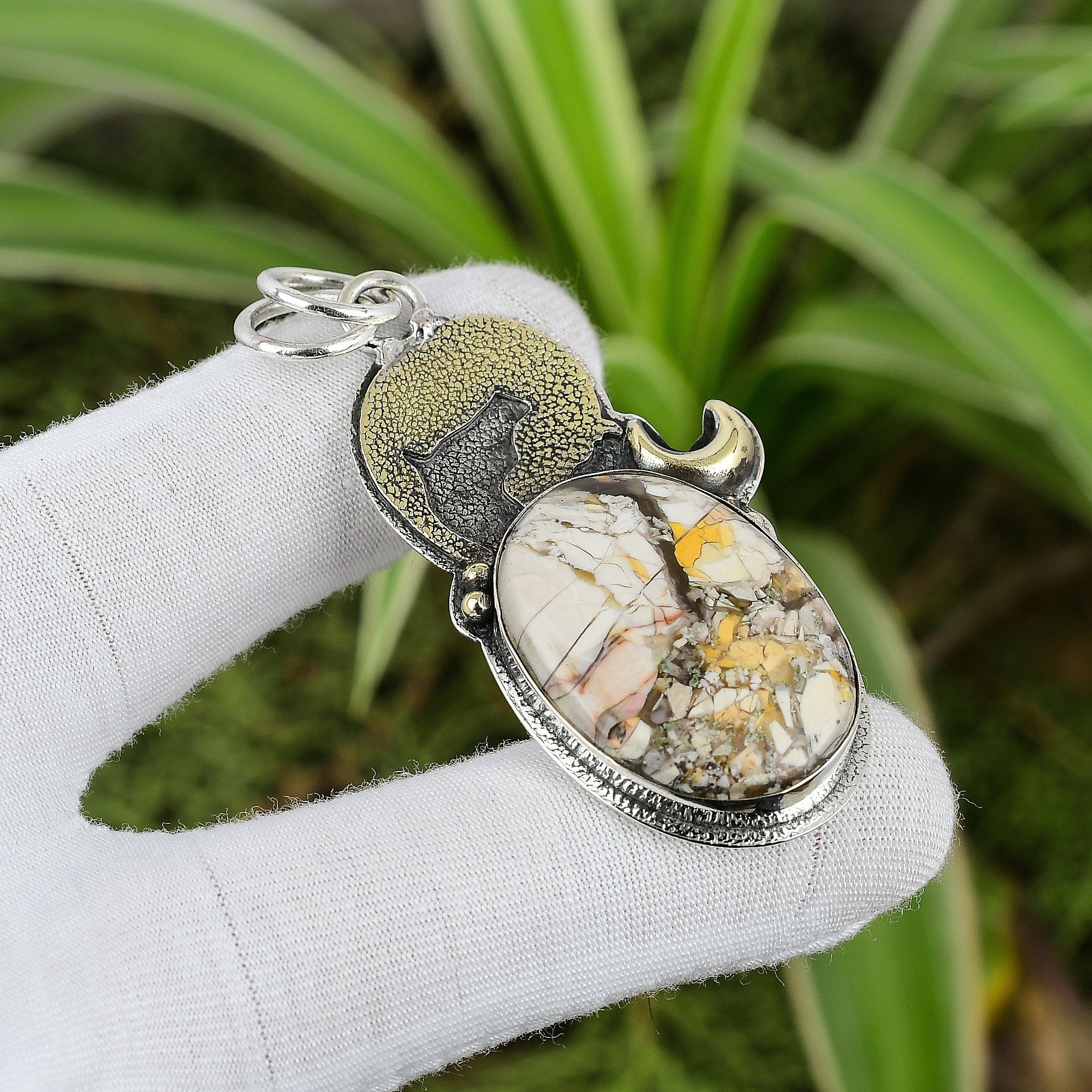 Handmade Brecciated Mookaite Pendant: 925 Sterling Silver, 18k Gold Plated