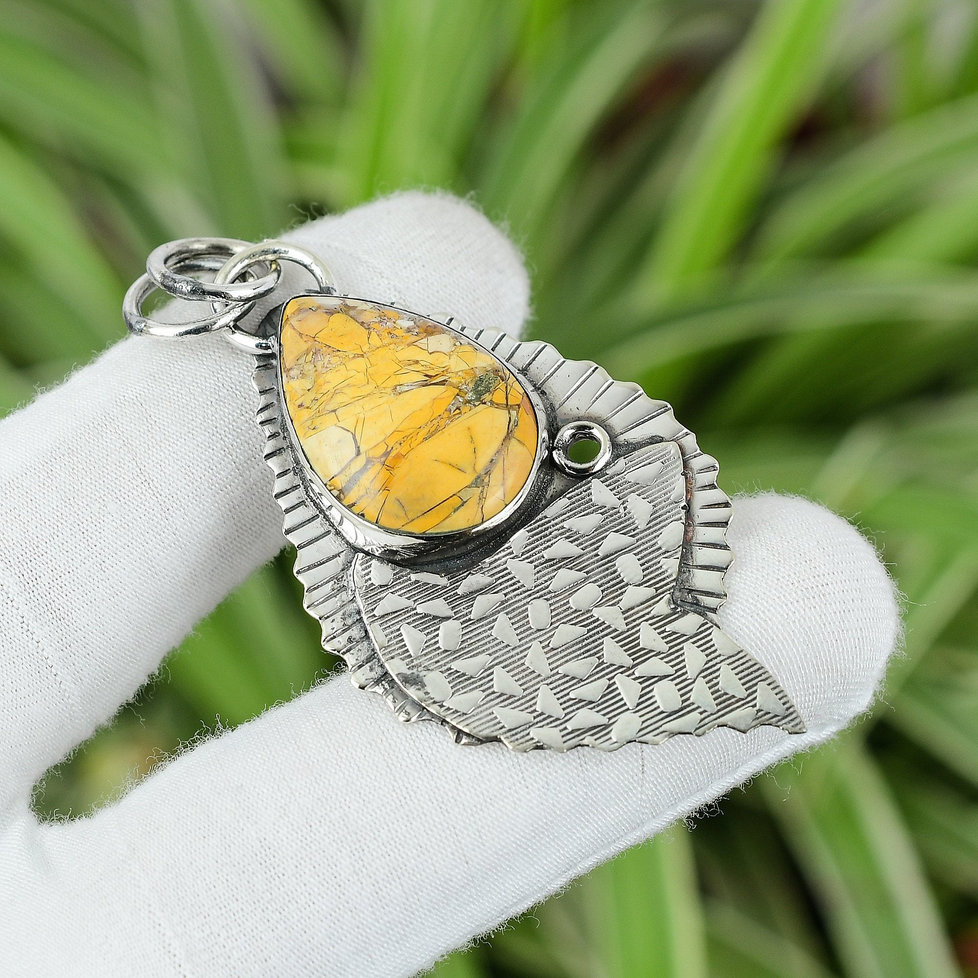 Handmade Brecciated Mookaite 925 Sterling Silver Pear Pendant