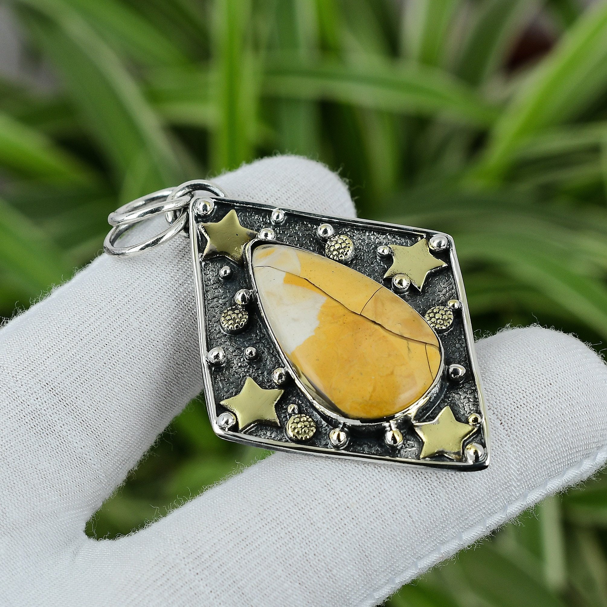 Handmade Brecciated Mookaite 925 Sterling Silver Pendant - Gold Plated Fashion Jewelry