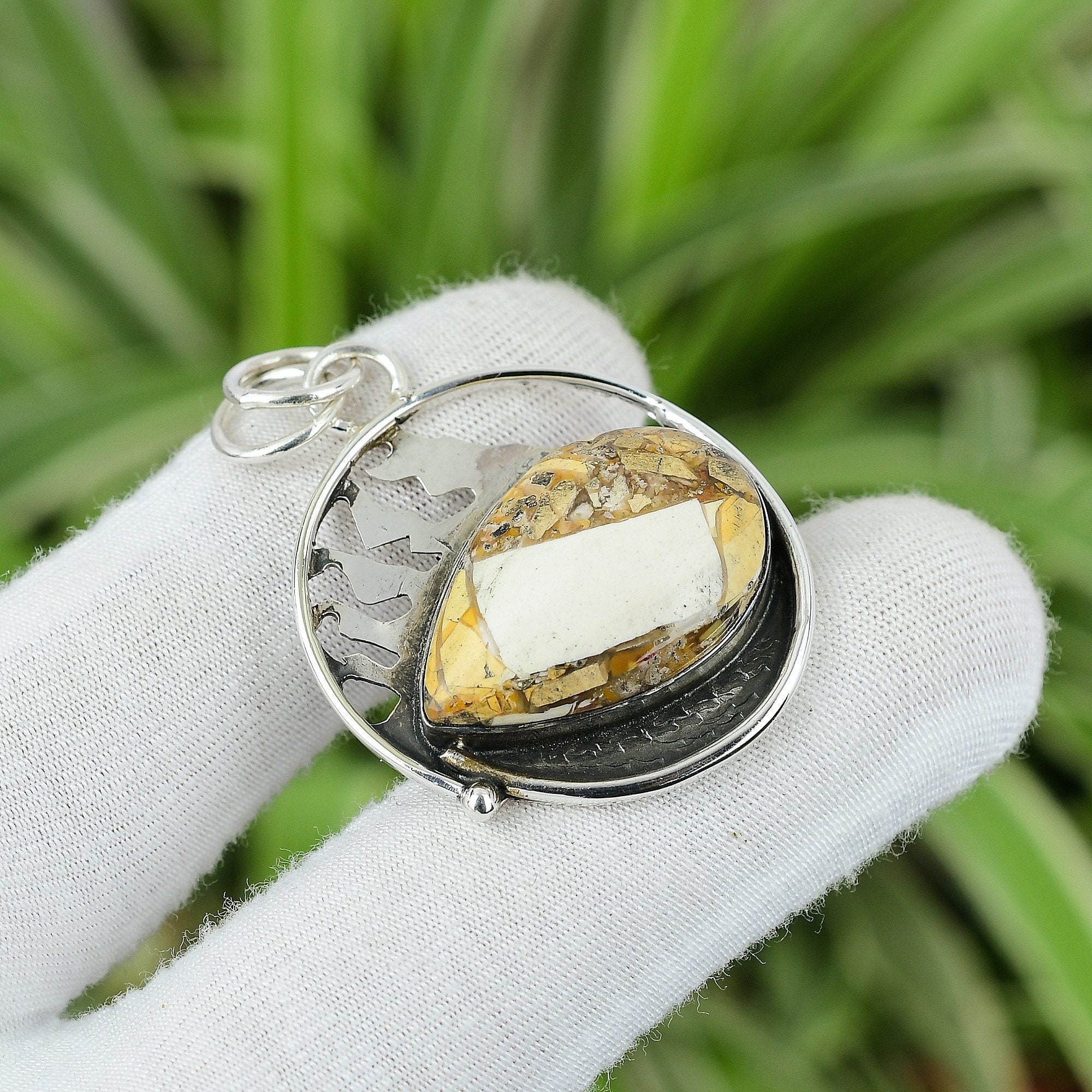 Handmade Brecciated Mookaite 925 Sterling Silver Pear Pendant