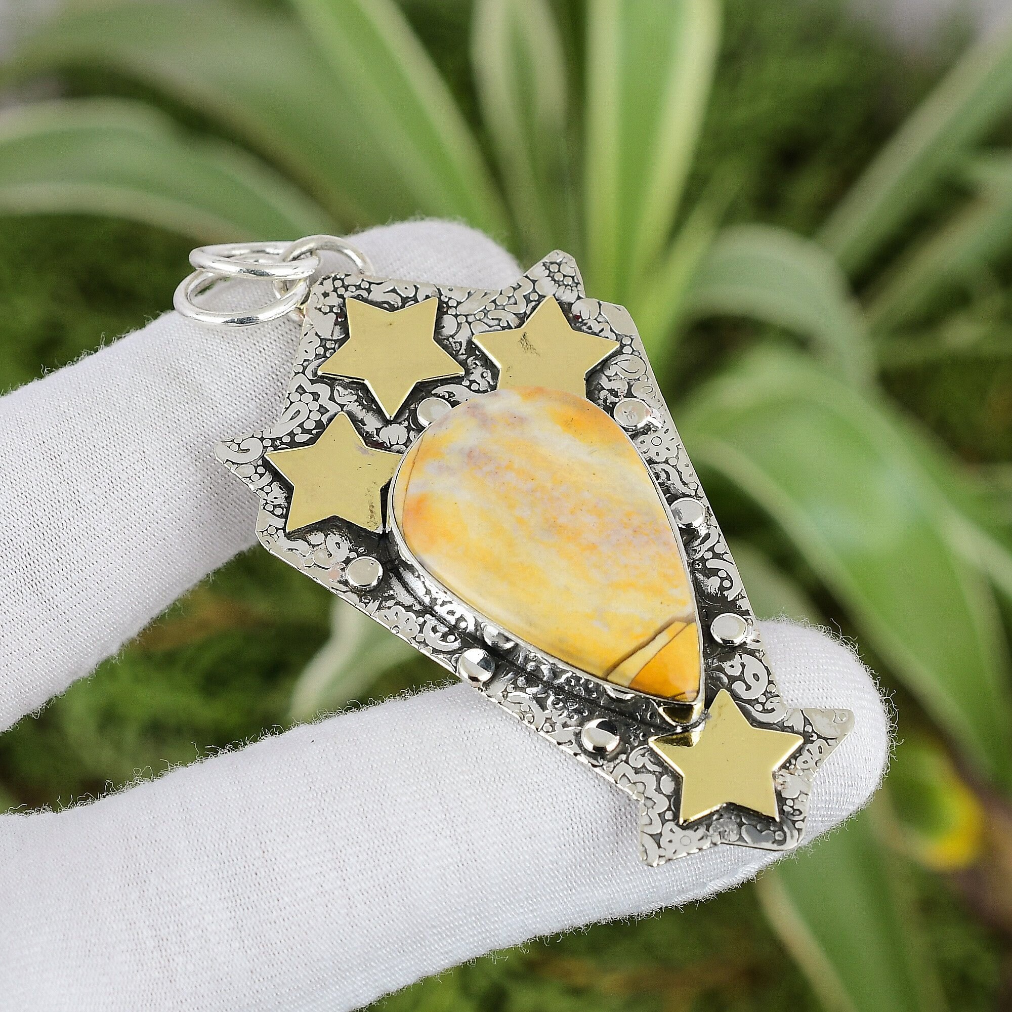 Handmade Brecciated Mookaite Pendant: 925 Sterling Silver, 18k Gold Plated