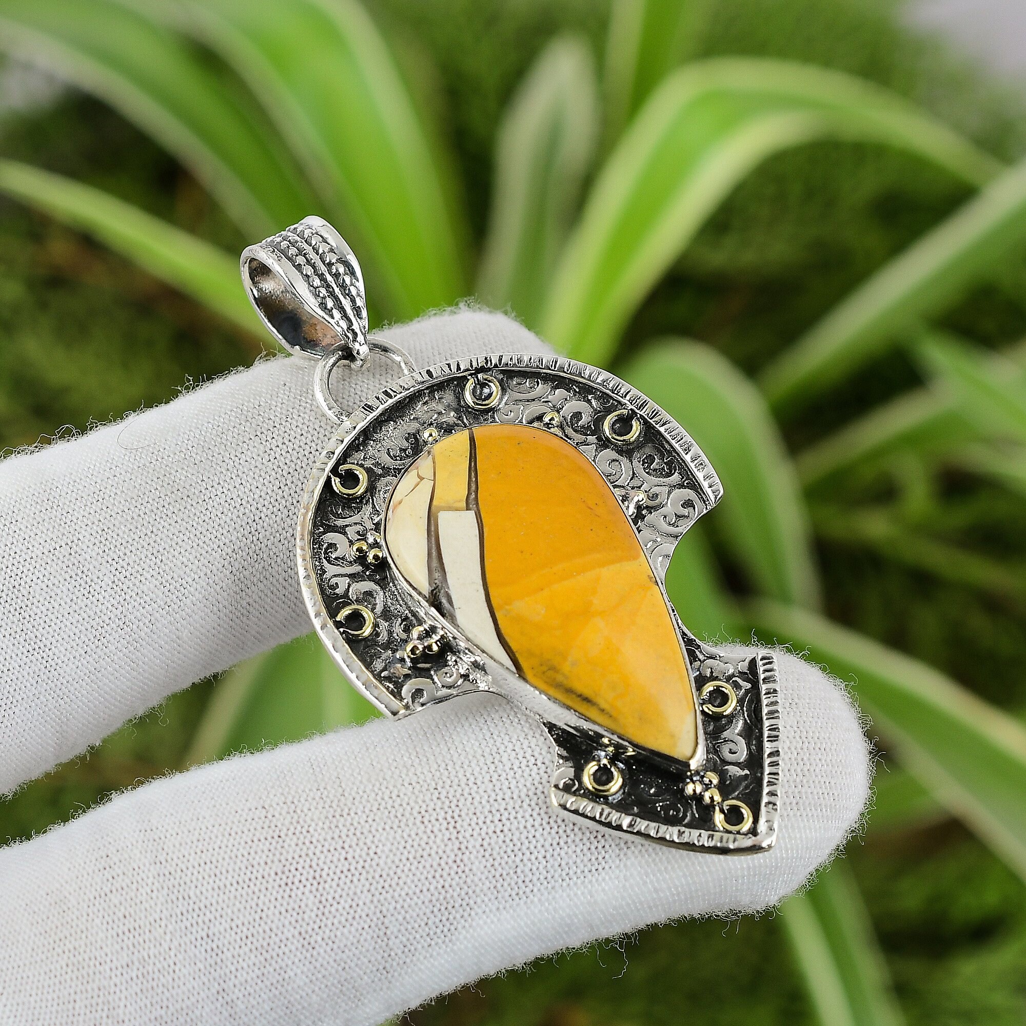 Handmade Brecciated Mookaite Pendant: 925 Sterling Silver, 18k Gold Plated Handmade Brecciated Mookaite Pendant: 925 Sterling Silver, 18k Gold Plated