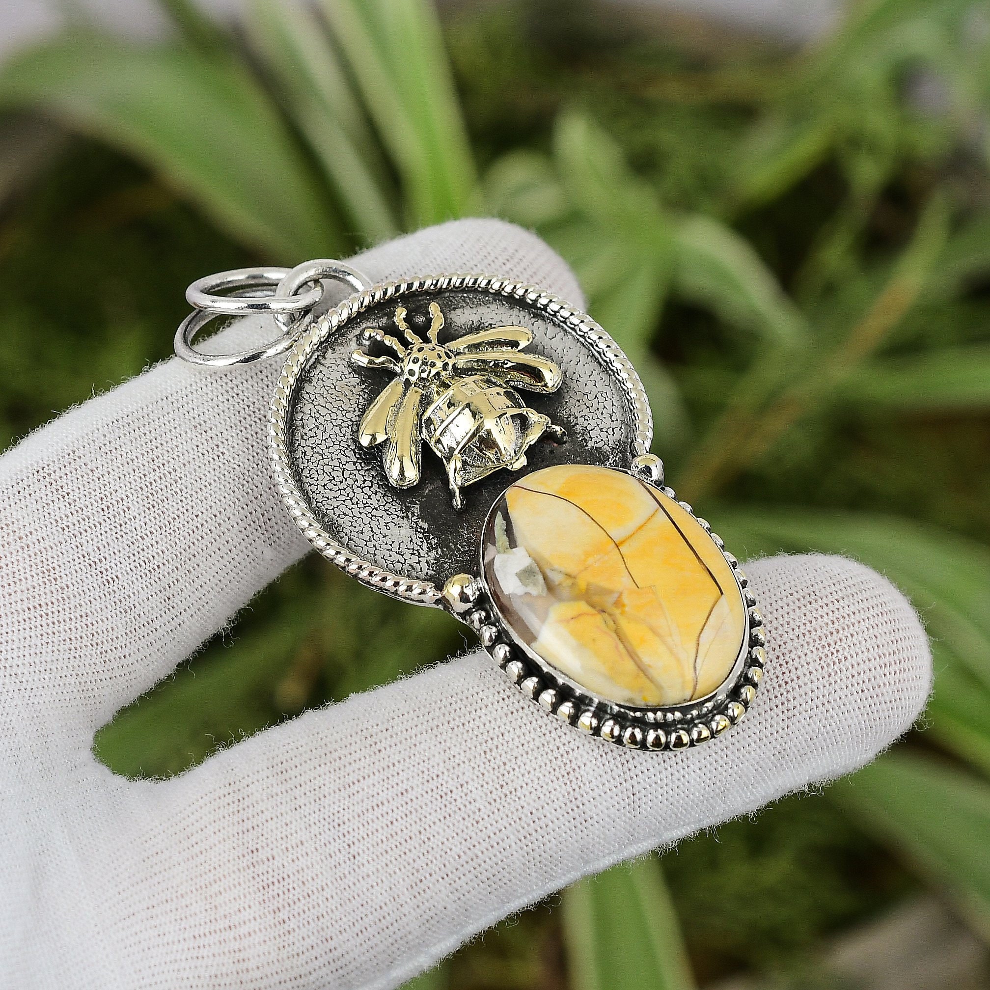 Handmade Brecciated Mookaite Pendant: Sterling Silver 18k Gold Plated Bee