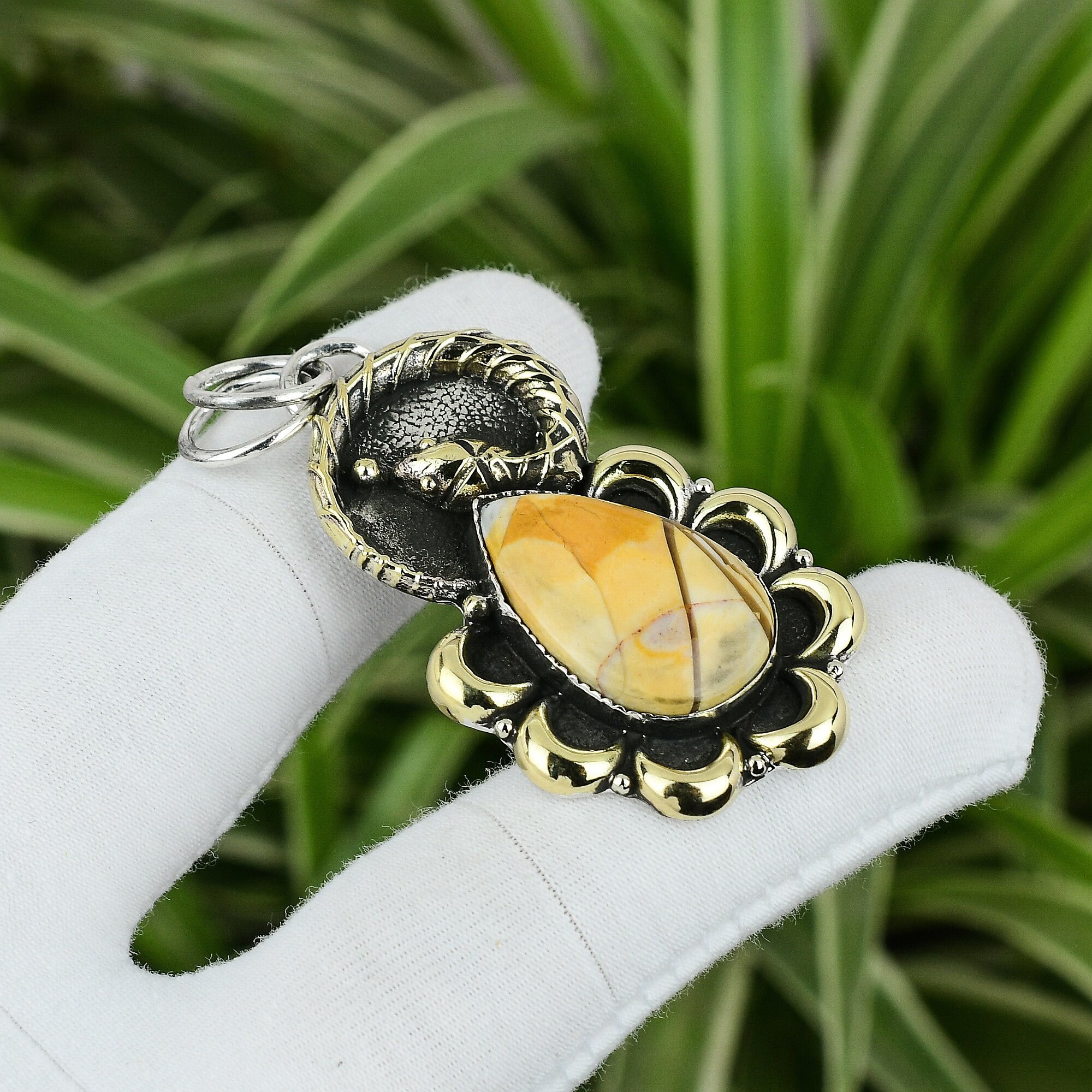 Handmade Brecciated Mookaite Devil Pendant: 925 Sterling Silver, 18k Gold Plated