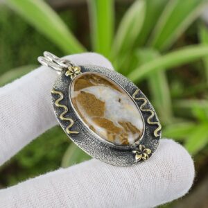 Handmade Yellow Mookaite 925 Sterling Silver Pendant - 18K Gold Plated