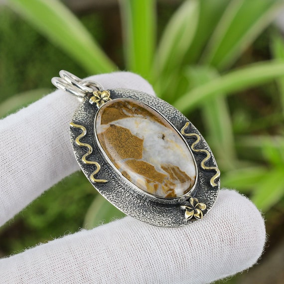 Handmade Yellow Mookaite 925 Sterling Silver Pendant - 18k Gold Plated