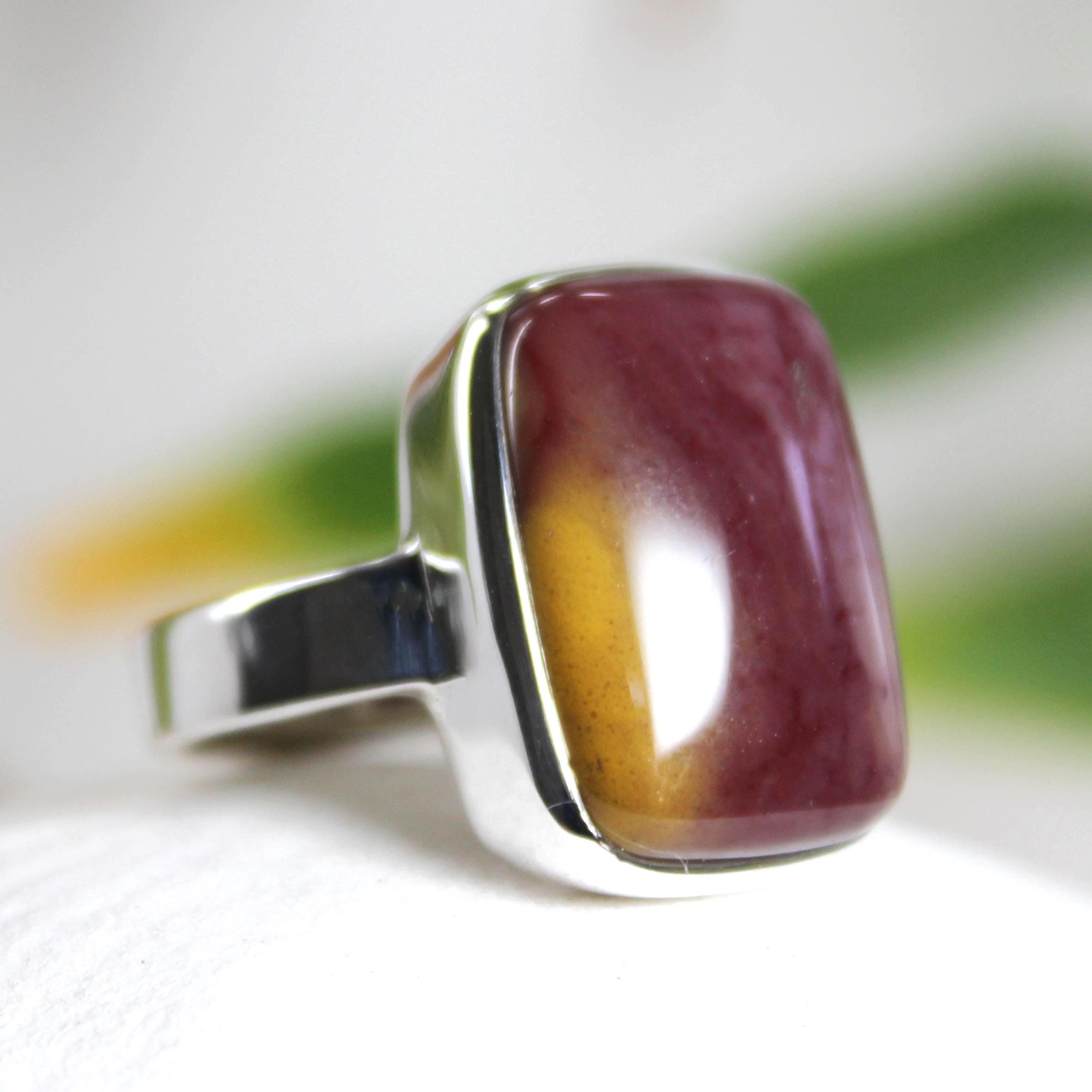 Mookaite Jasper 925 Silver Ring: Rectangular Stone, Size 7-7.5