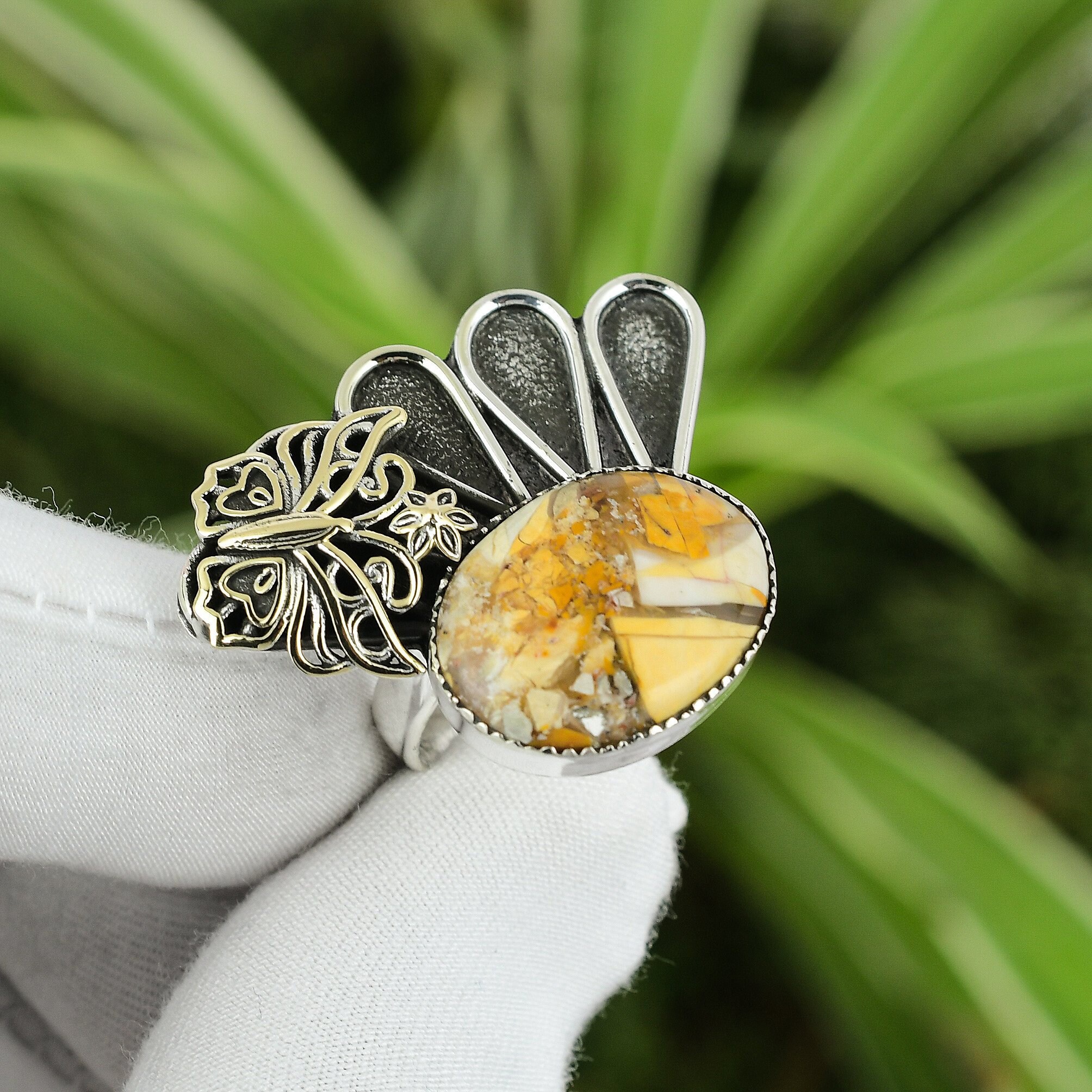Brecciated Mookaite Ring: Handmade 925 Sterling Silver, 18k Gold Butterfly, Adjustable Brecciated Mookaite Ring: Handmade 925 Sterling Silver, 18k Gold Butterfly, Adjustable