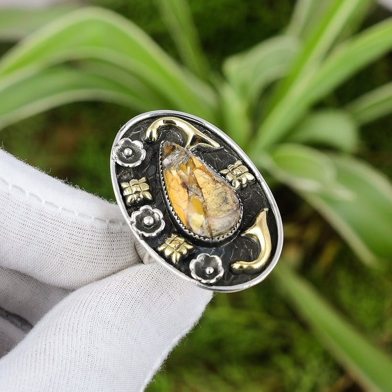 Brecciated Mookaite Ring: Pear Gemstone, 925 Sterling Silver, 18k Gold Plated