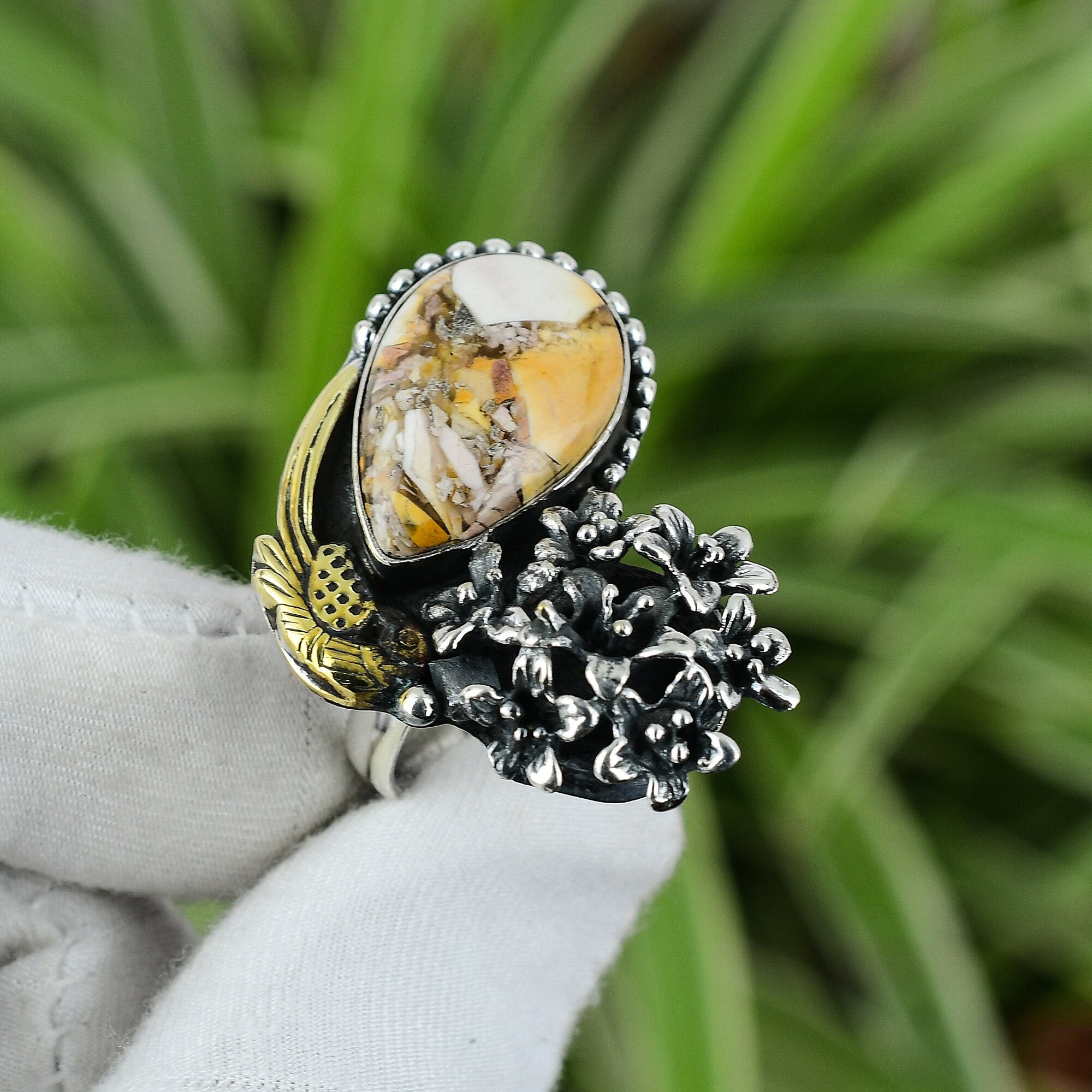 Handmade Brecciated Mookaite Ring: 925 Sterling Silver, 18k Gold Plated, Adjustable Handmade Brecciated Mookaite Ring: 925 Sterling Silver, 18k Gold Plated, Adjustable