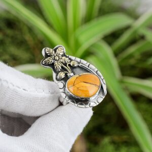 Handmade Brecciated Mookaite Ring: 925 Sterling Silver Adjustable Flower Ring Handmade Brecciated Mookaite Ring: 925 Sterling Silver Adjustable Flower Ring