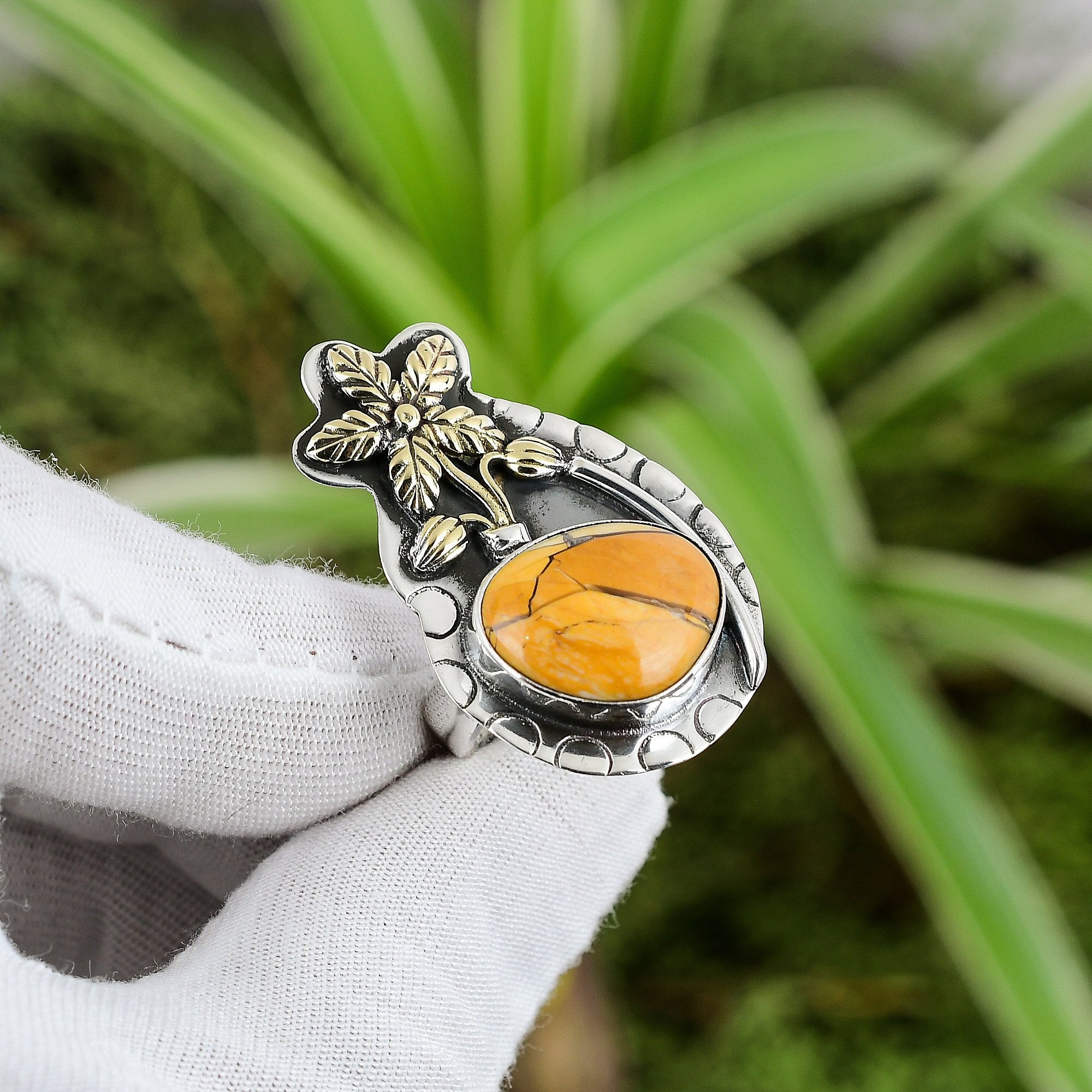 Handmade Brecciated Mookaite Ring: 925 Sterling Silver Adjustable Flower Ring