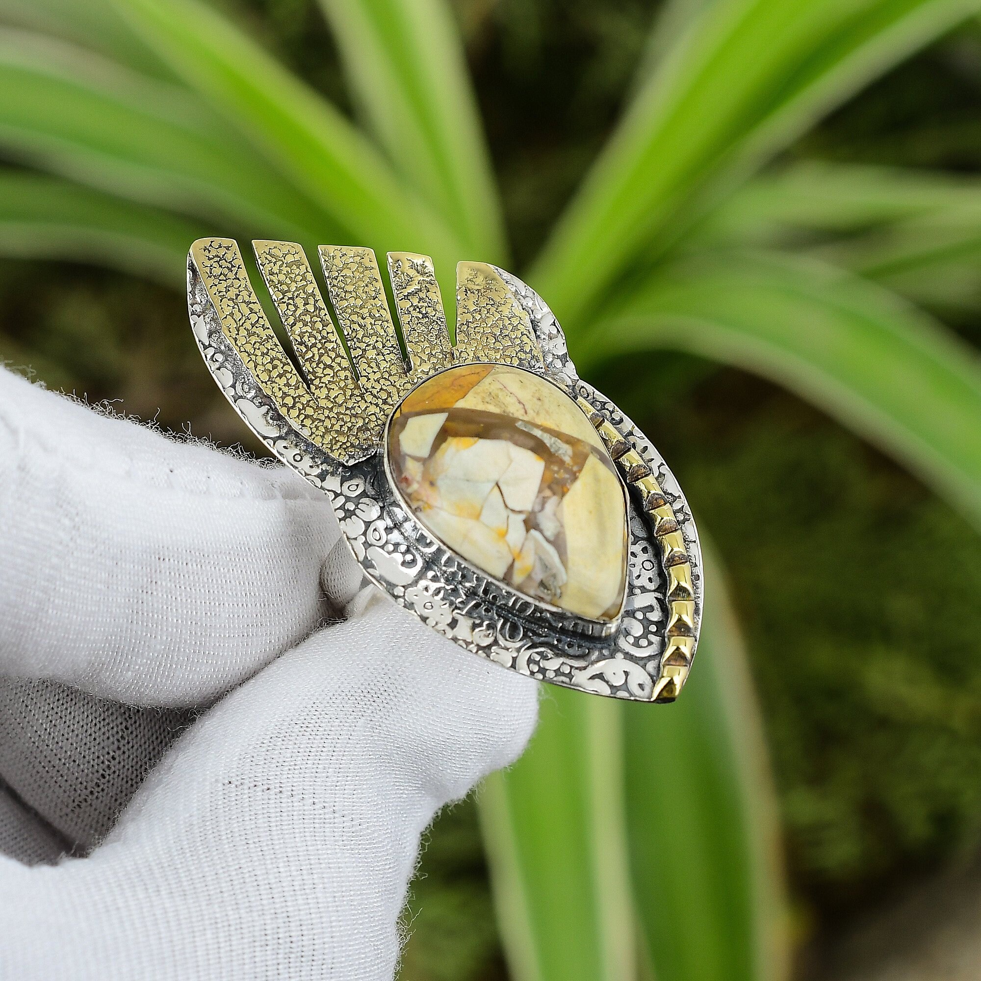 Handmade Brecciated Mookaite Ring: 925 Sterling Silver, 18k Gold Plated, Adjustable