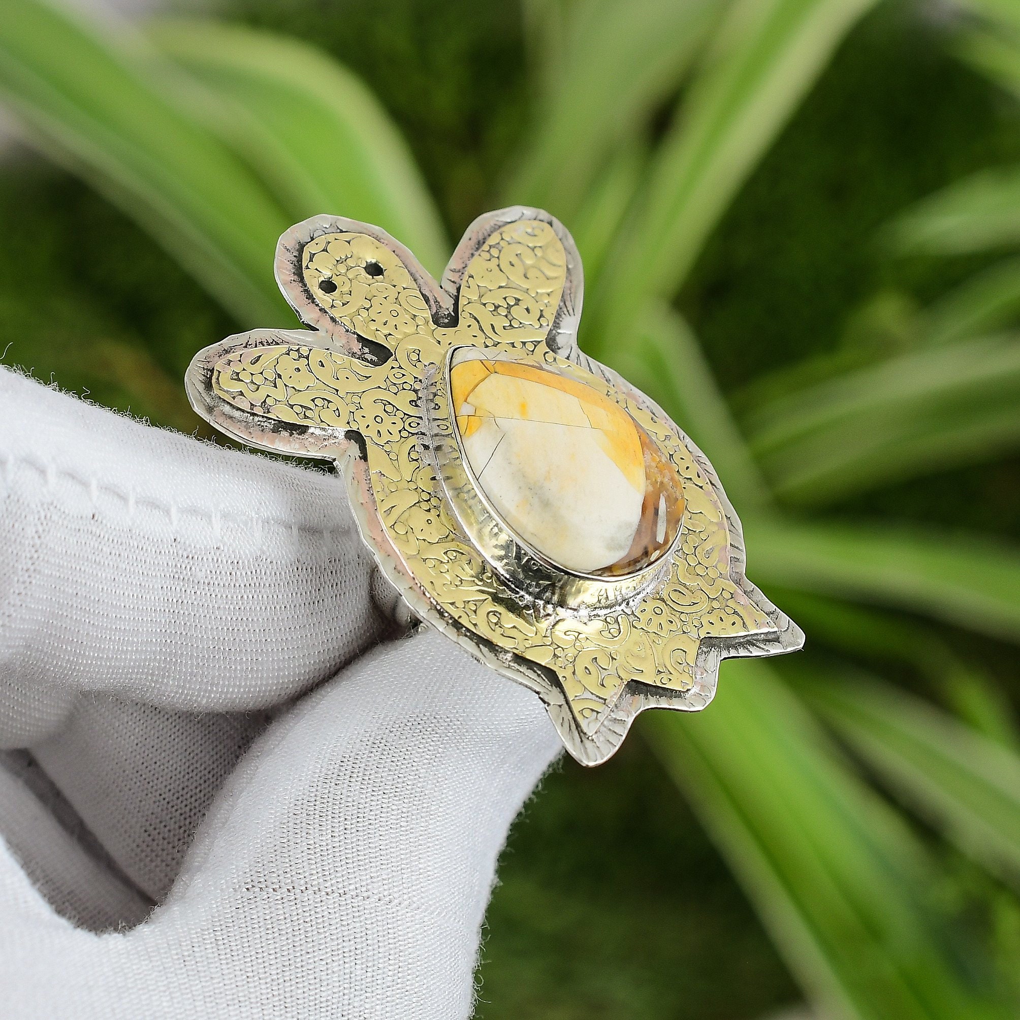 Handmade Brecciated Mookaite Ring: 925 Sterling Silver Adjustable Band