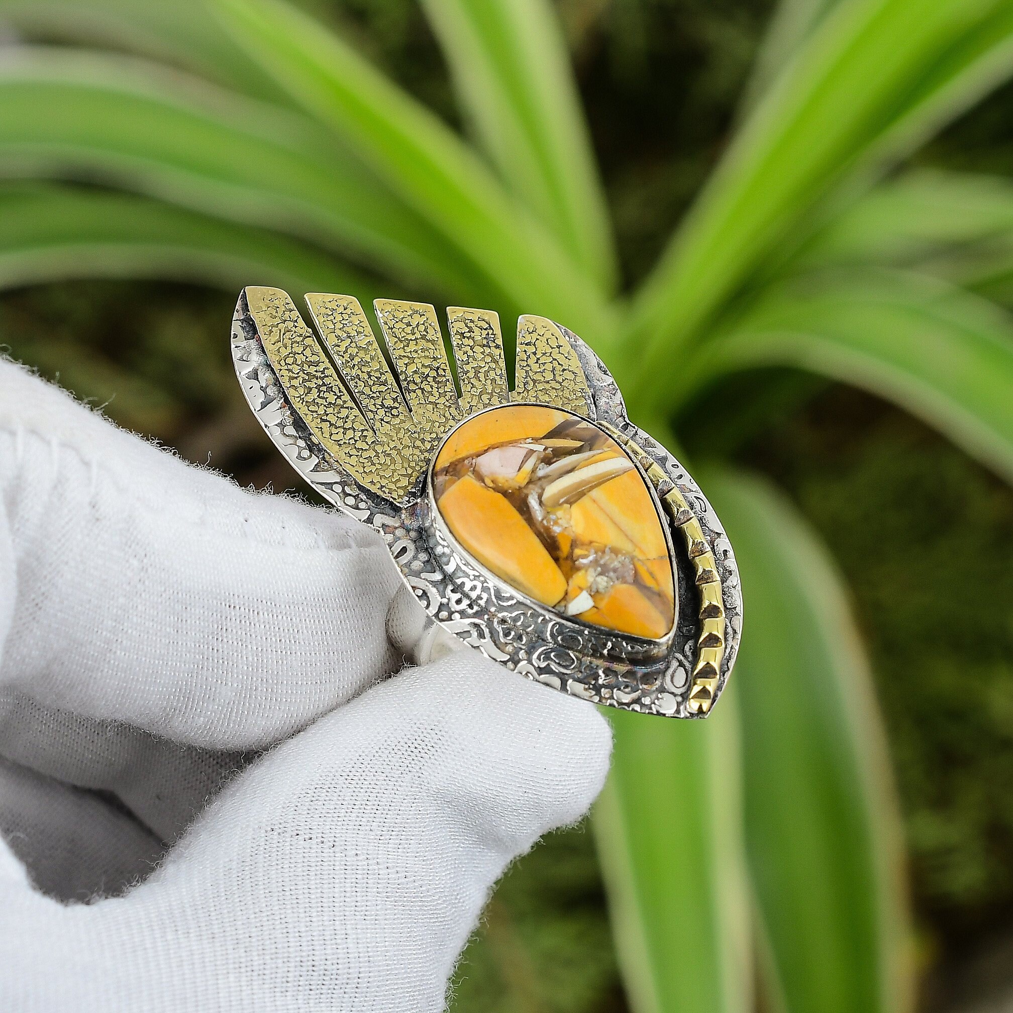 Handmade Brecciated Mookaite Ring: 18k Gold Plated 925 Sterling Silver, Adjustable