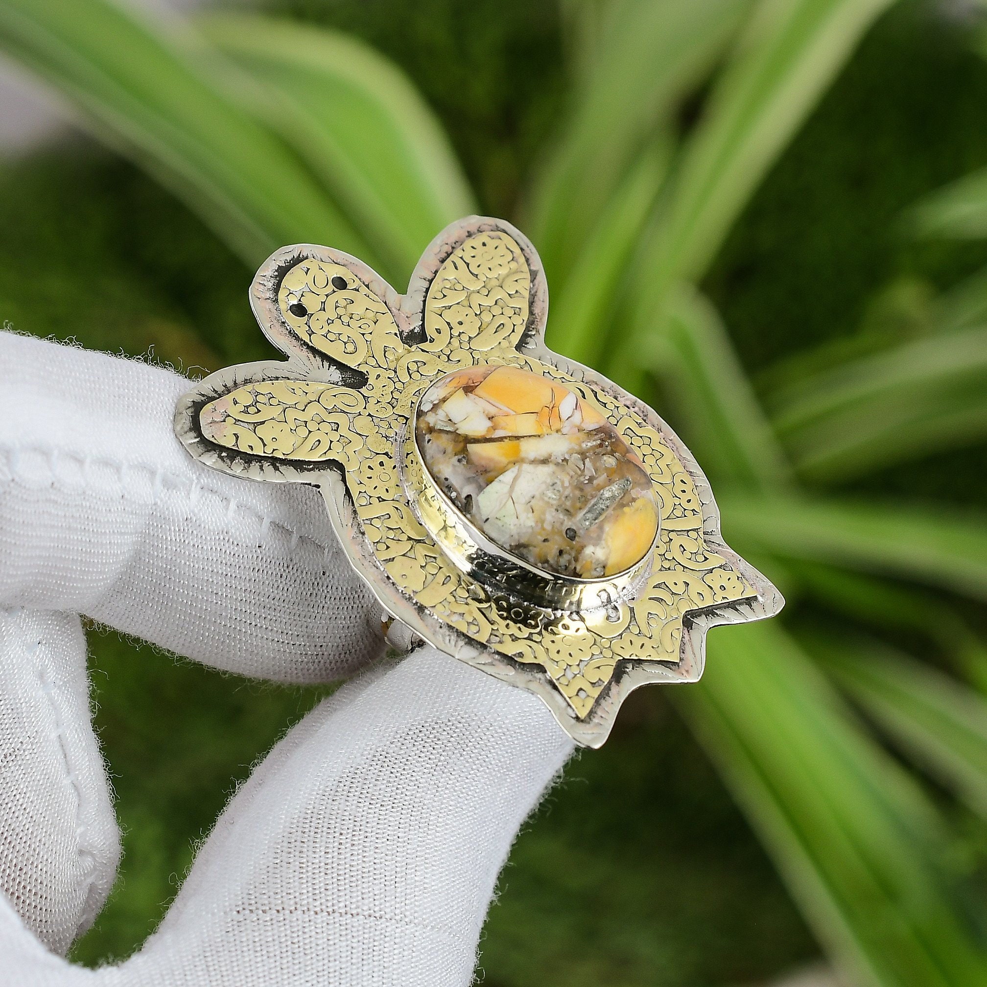 Handmade Brecciated Mookaite Tortoise Ring: 925 Sterling Silver Adjustable Band