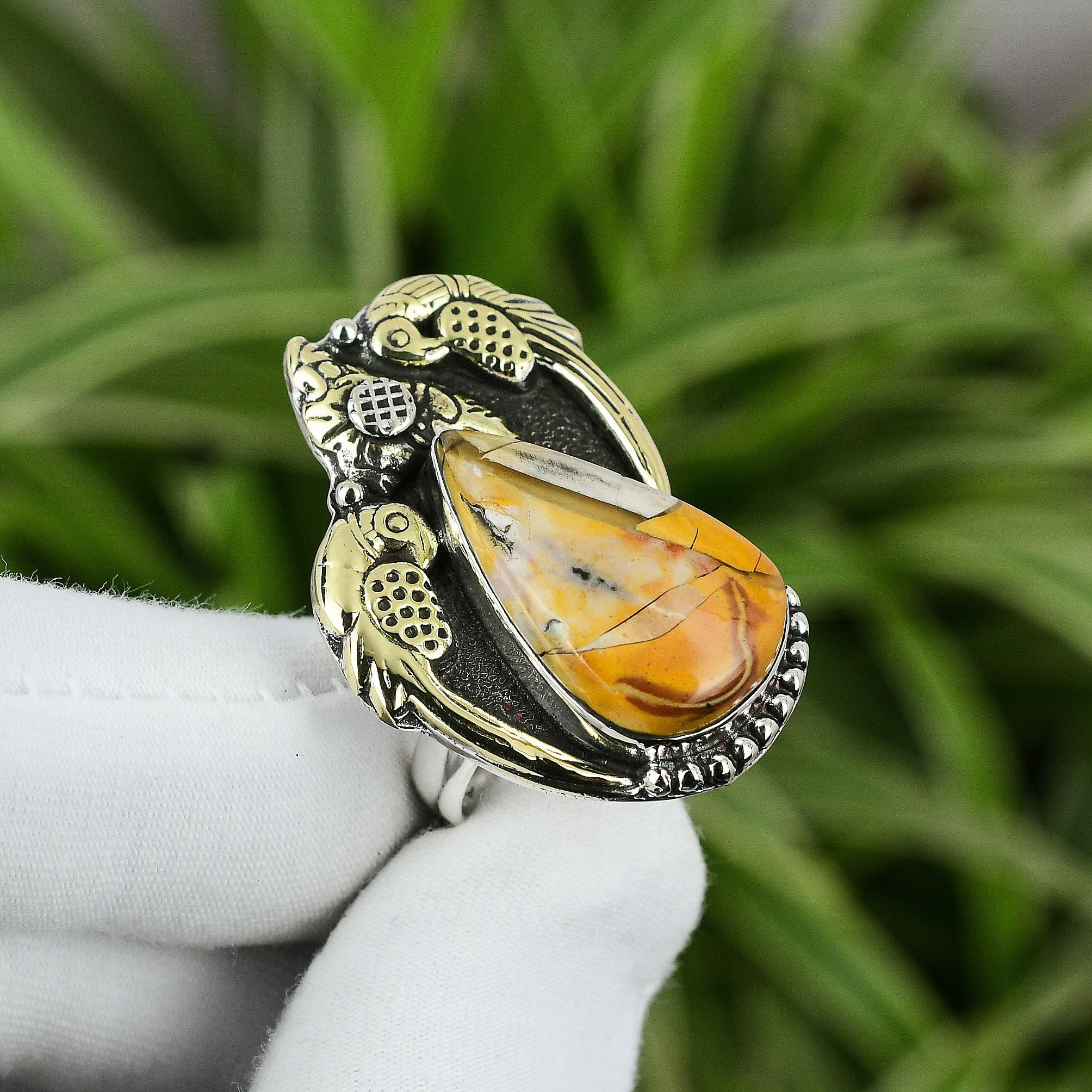 Handmade Brecciated Mookaite Ring: 925 Sterling Silver Adjustable Parrot Ring