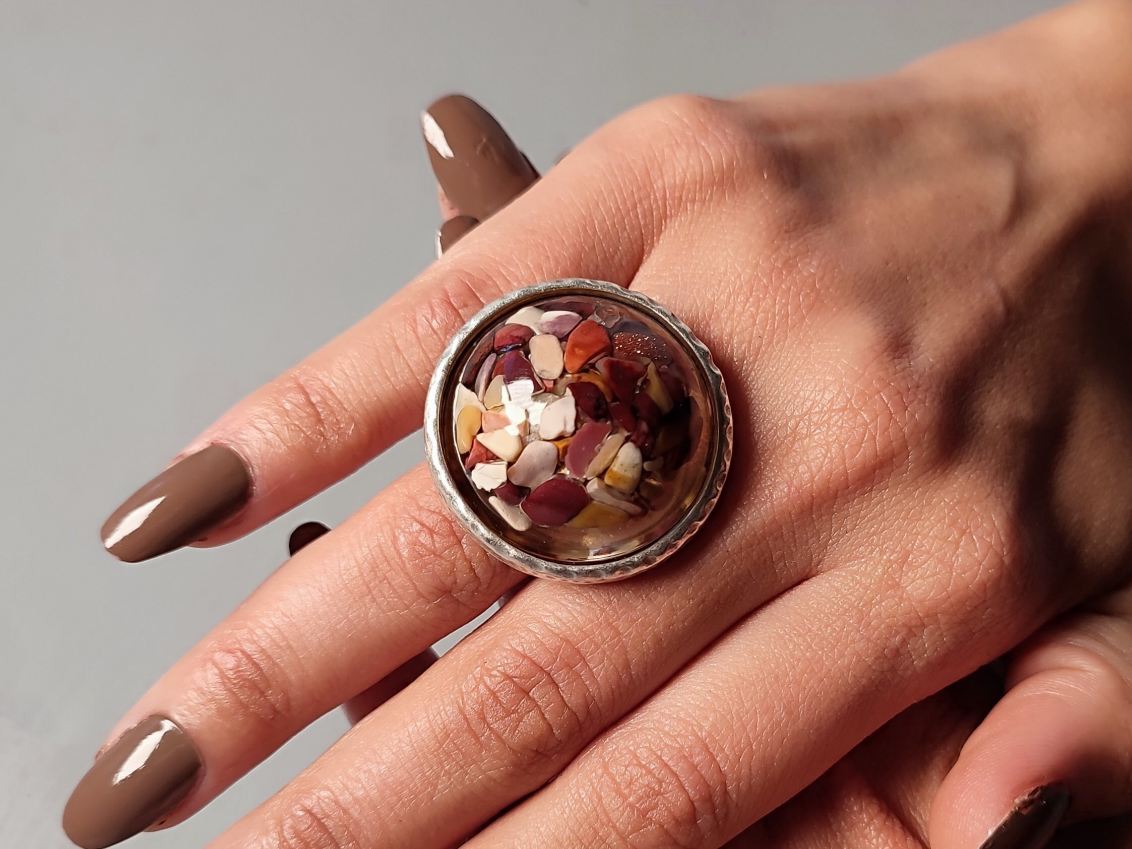 Red Mookaite Jasper Statement Ring: Adjustable Antique Silver