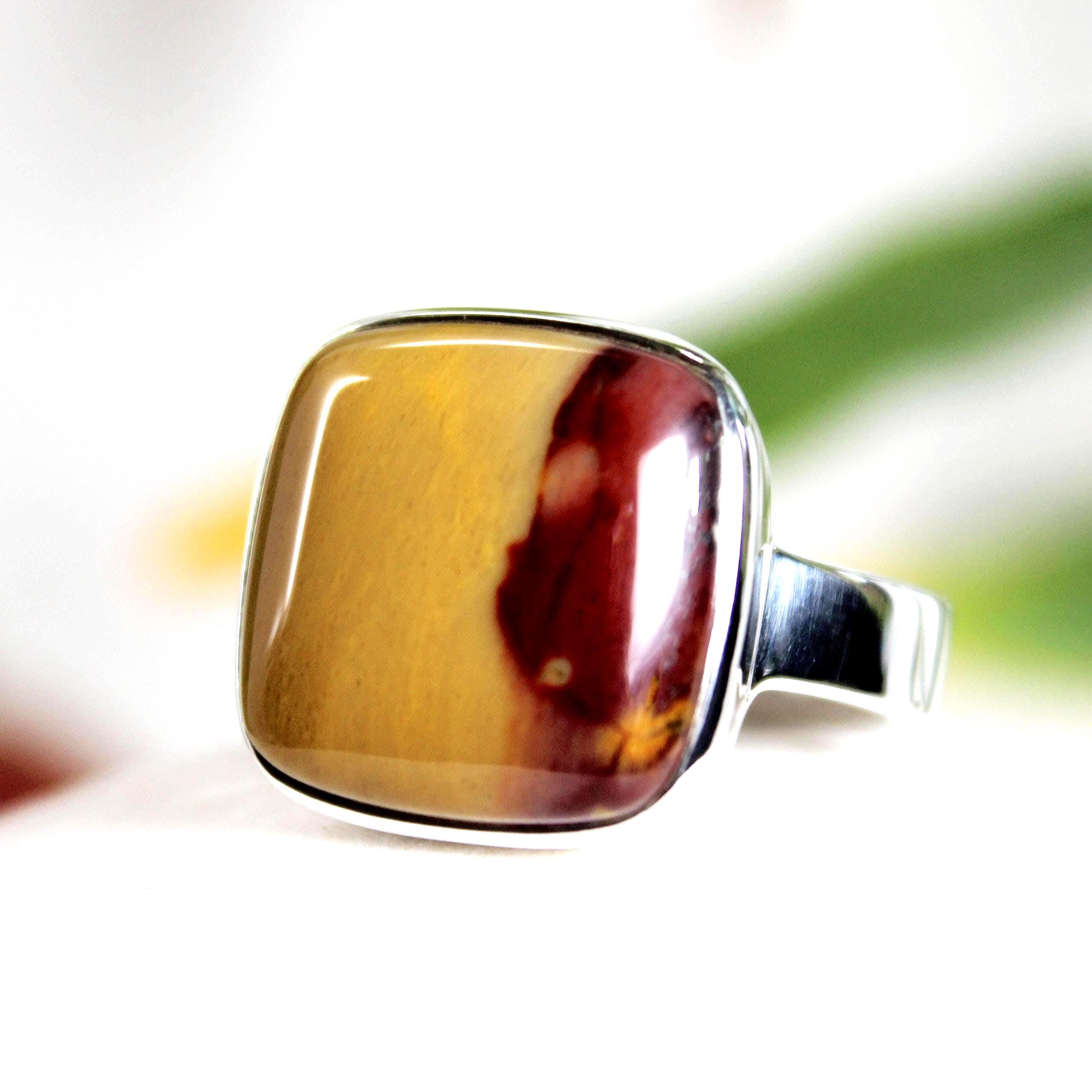 Mookaite Jasper Ring: Square Stone, 925 Sterling Silver, Unisex Size 8.5-9