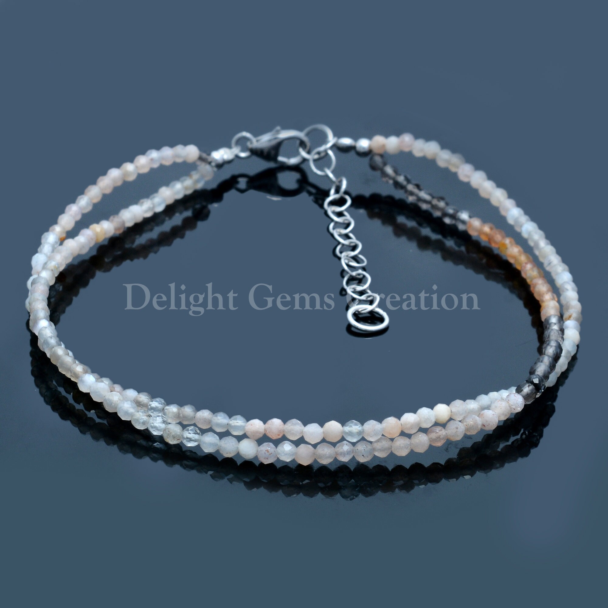 Moonstone Beaded Bracelet, 2.25mm Micro Faceted Round Beads, 8 Inch
