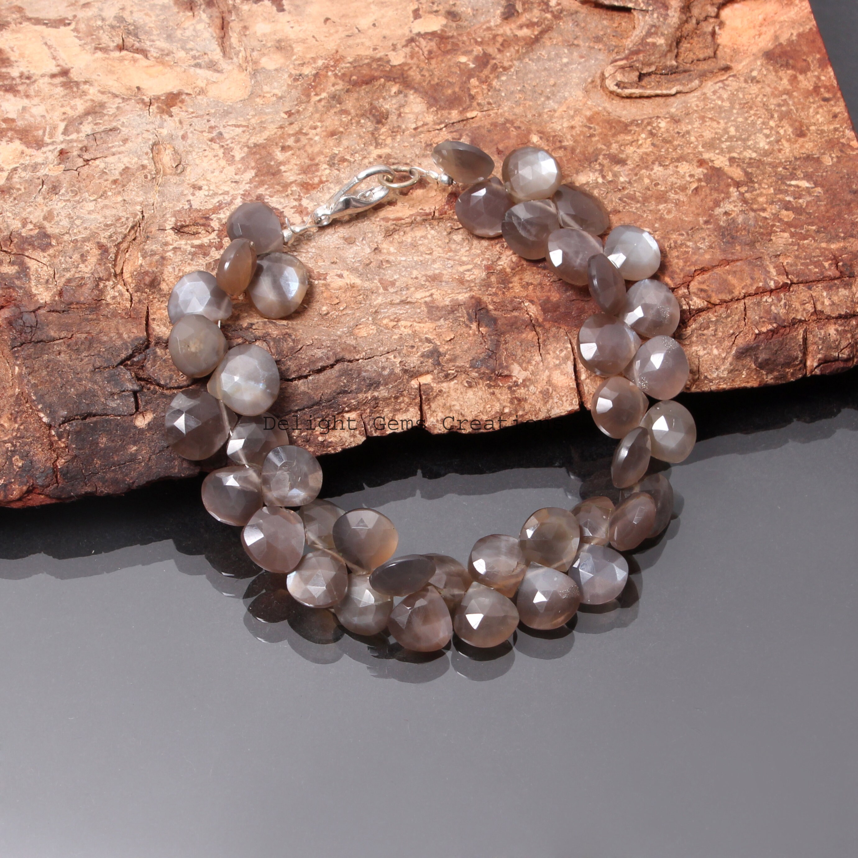 Faceted Heart Chocolate Moonstone Beaded Bracelet, 8 Inch