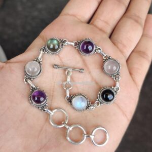 Five Moonstone Gemstone Bracelet, 925 Sterling Silver Bracelet: Adjustable Designer Jewelry