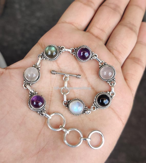 Five Moonstone Gemstone Bracelet, 925 Sterling Silver Bracelet: Adjustable Designer Jewelry Five Moonstone Gemstone Bracelet, 925 Sterling Silver Bracelet: Adjustable Designer Jewelry