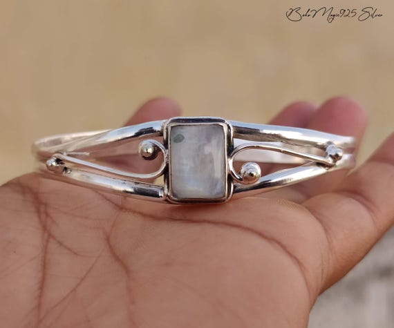 Handmade Moonstone Bangle: 925 Sterling Silver Cuff Bracelet